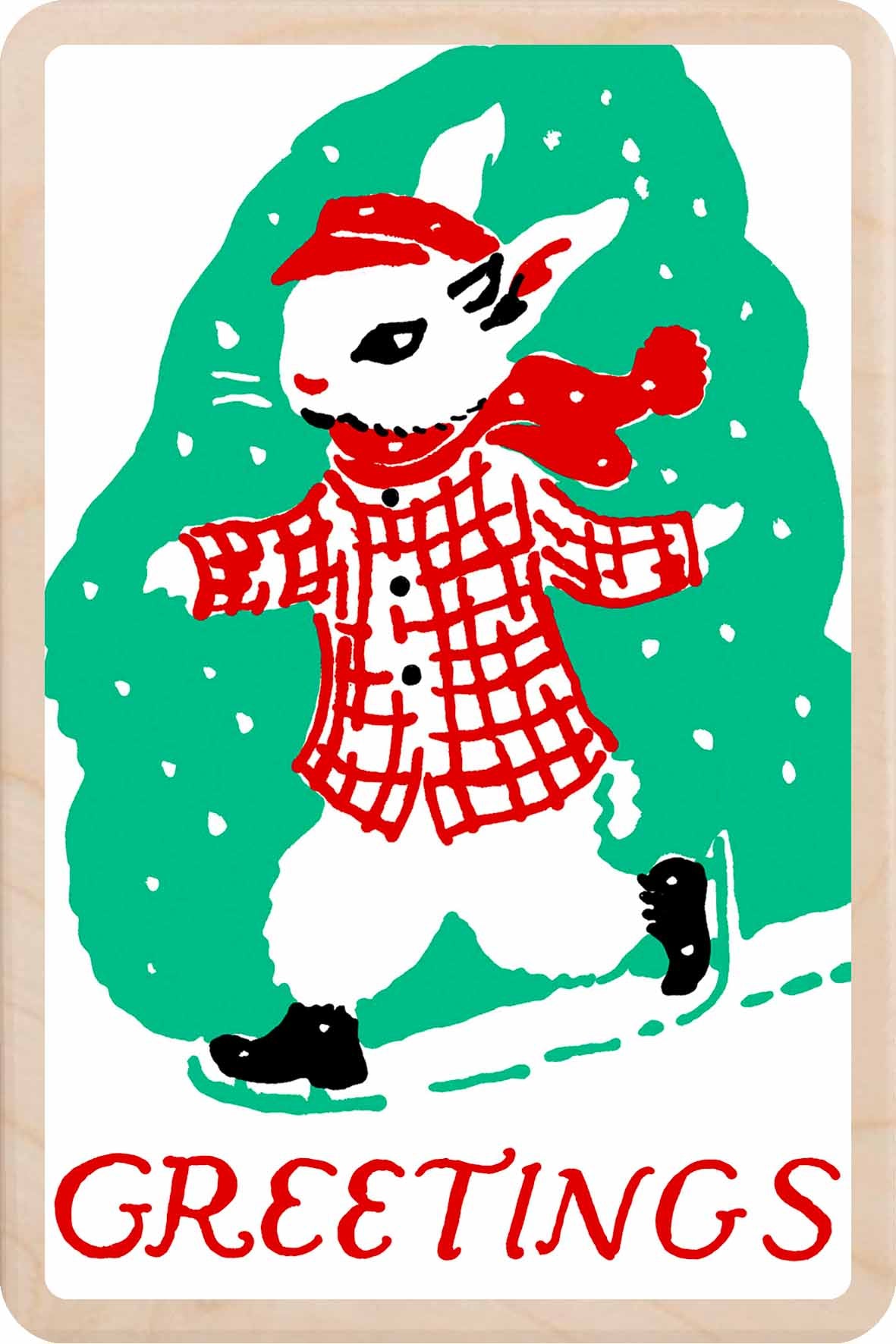 Skating Bunny – Christmas card - Wooden Postcard

Original vintage Christmas illustration printed on sustainable wood;A beautiful card to send, display, or tuck into a stocking.