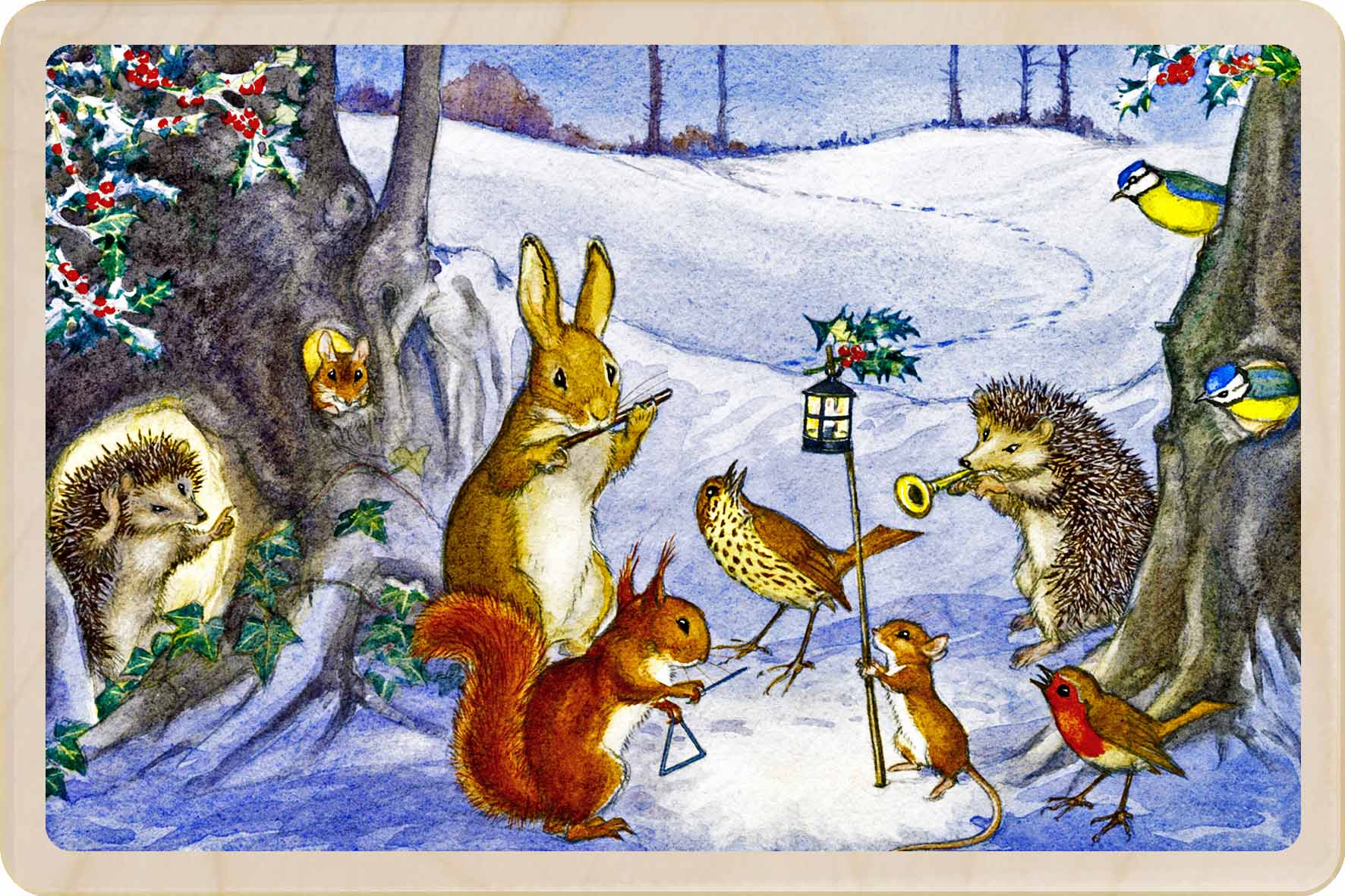 Carolling Animals – Christmas card - Wooden Postcard

Original vintage Christmas illustration printed on sustainable wood.Molly Brett illustration; A beautiful card to send, display, or tuck into a stocking.