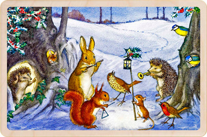 Carols at Christmas, animals carolling, vintage Molly Brett illustration, Medici wooden Christmas card. The Wooden Postcard Company