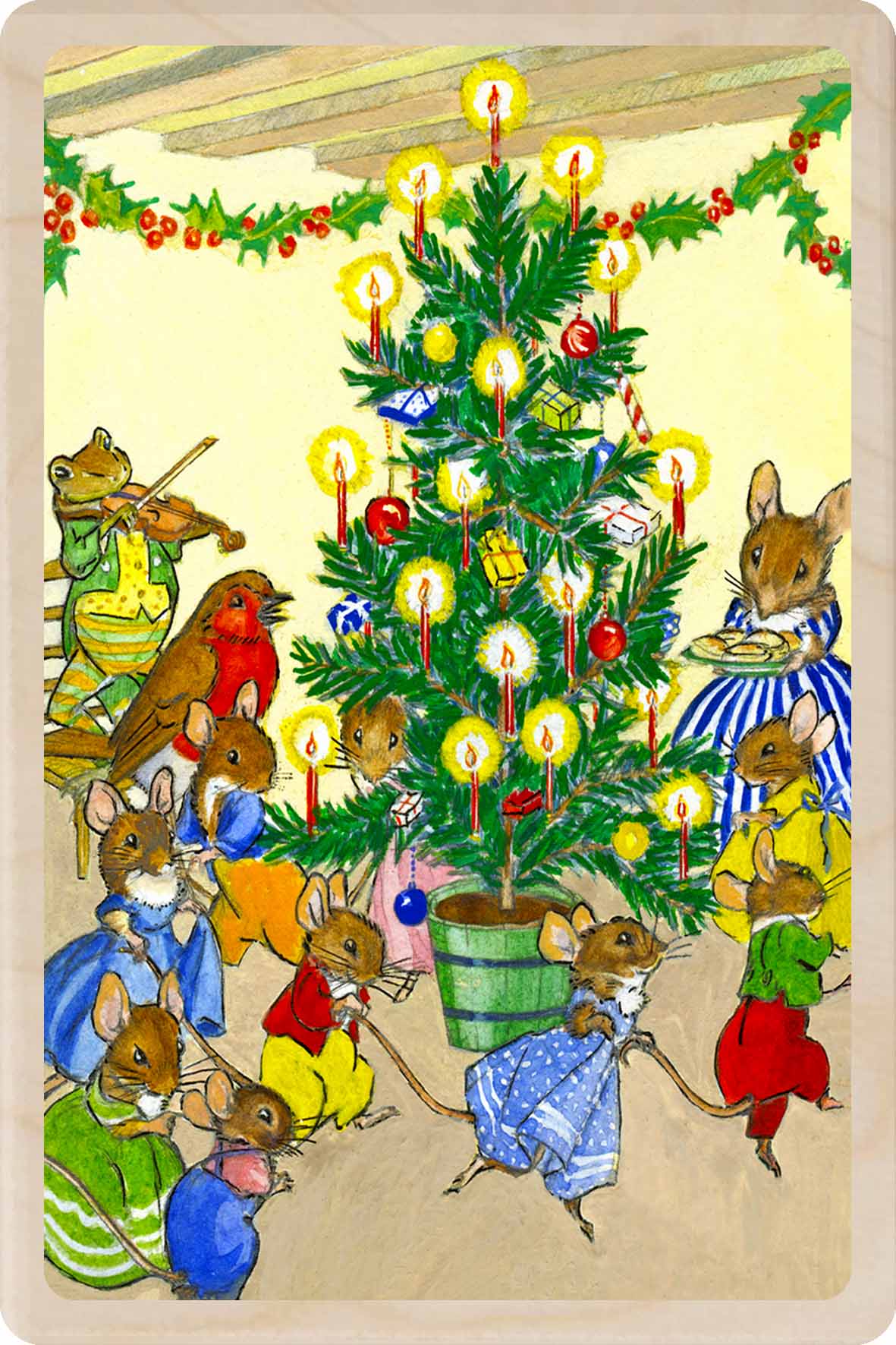 Christmas Party – Christmas card - Wooden Postcard

Original Molly Brett Christmas illustration printed on sustainable wood;A beautiful card to send, display, or tuck into a stocking.