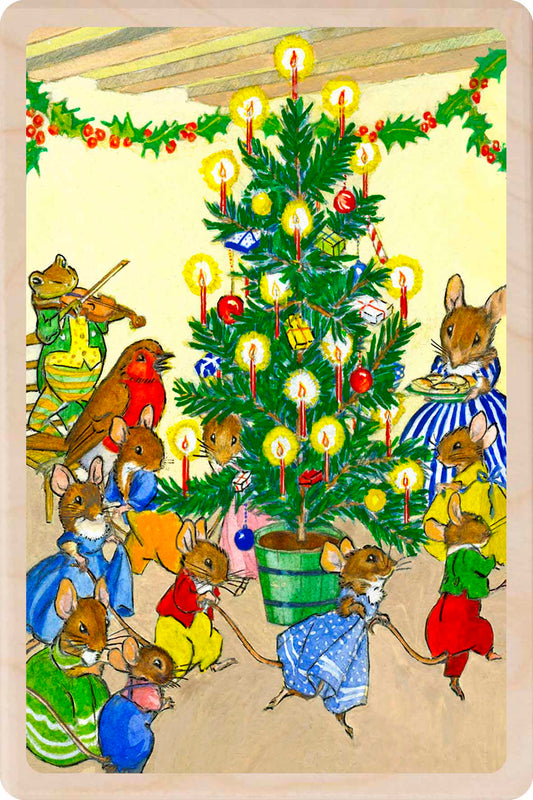 Christmas Party – Christmas card - Wooden Postcard

Original Molly Brett Christmas illustration printed on sustainable wood;A beautiful card to send, display, or tuck into a stocking.