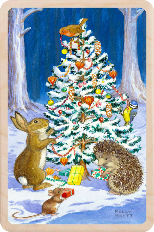 Christmas Tree Animals – Christmas card - Wooden Postcard

Original Molly Brett Christmas illustration printed on sustainable wood;A beautiful card to send, display, or tuck into a stocking.