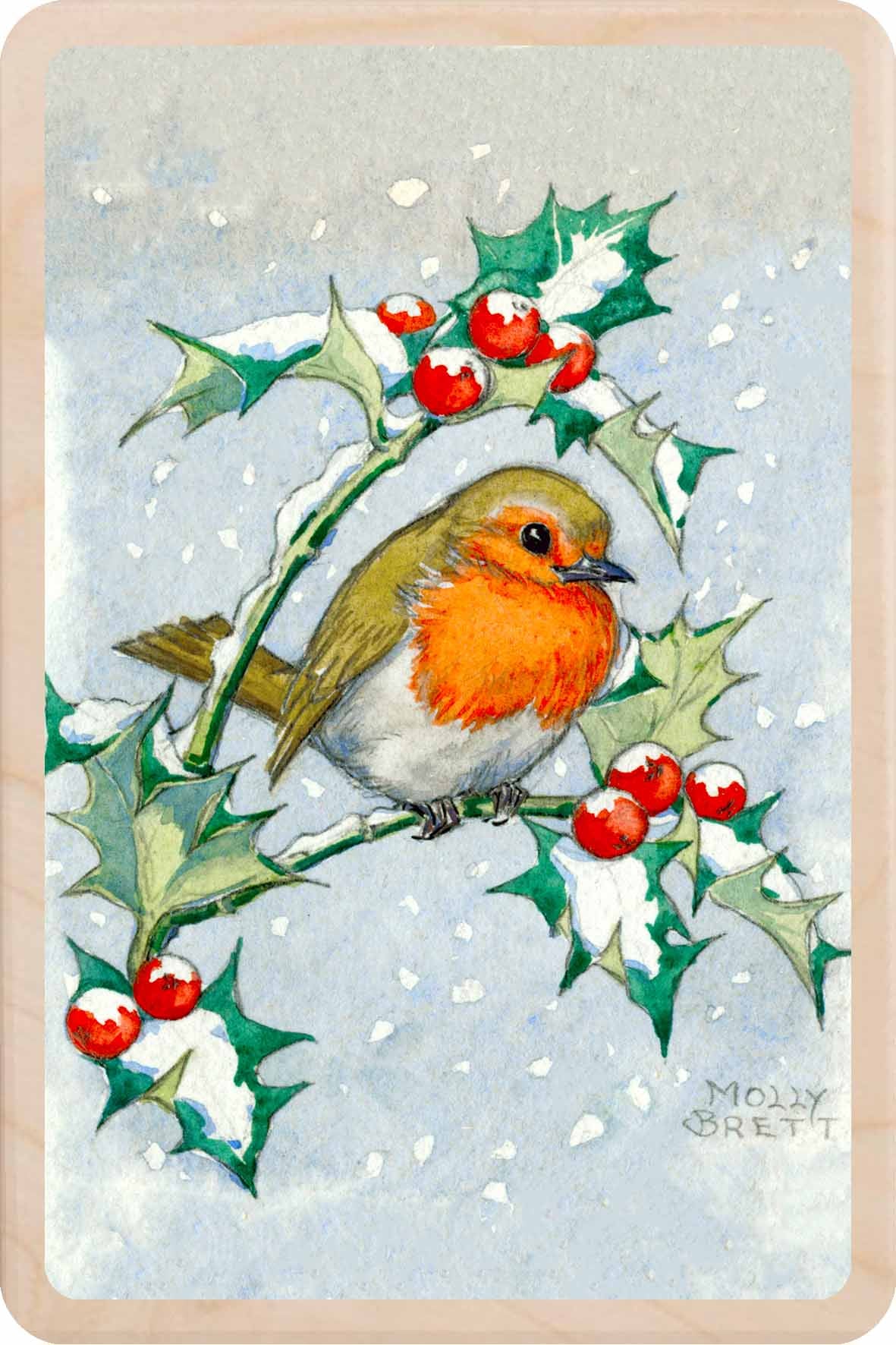 Christmas Robin – Christmas card - Wooden Postcard

Original vintage Christmas illustration printed on sustainable wood. A beautiful card to send, display, or tuck into a stocking. Illustration by Molly Brett.