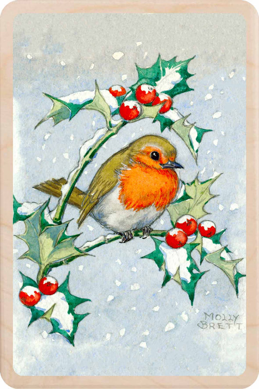 Christmas Robin – Christmas card - Wooden Postcard

Original vintage Christmas illustration printed on sustainable wood. A beautiful card to send, display, or tuck into a stocking. Illustration by Molly Brett.
