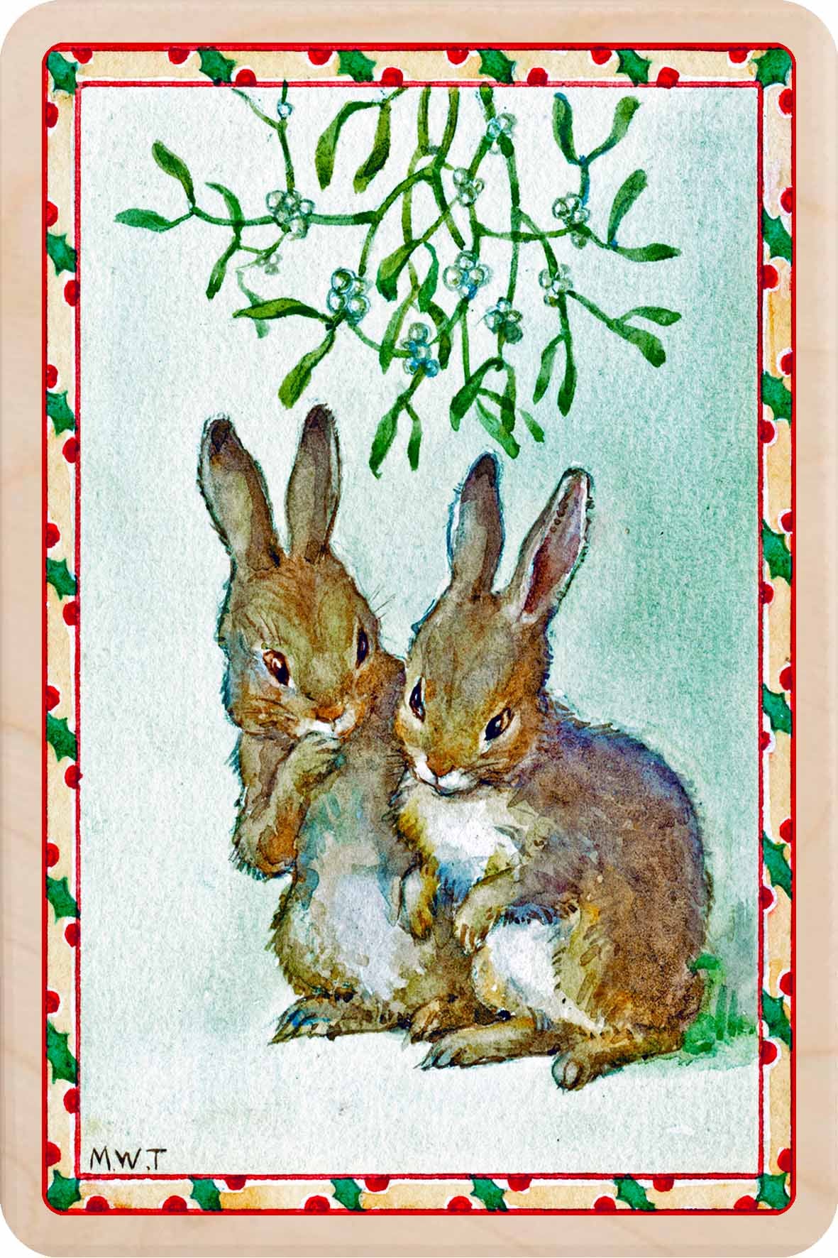 Mistletoe Bunnies – Christmas card - Wooden Postcard

Original vintage Christmas illustration printed on sustainable wood. A beautiful card to send, display, or tuck into a stocking. Illustration Margaret Tarrant.