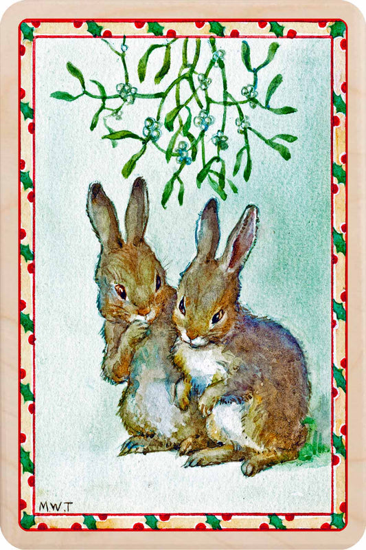 Mistletoe Bunnies – Christmas card - Wooden Postcard

Original vintage Christmas illustration printed on sustainable wood. A beautiful card to send, display, or tuck into a stocking. Illustration Margaret Tarrant.