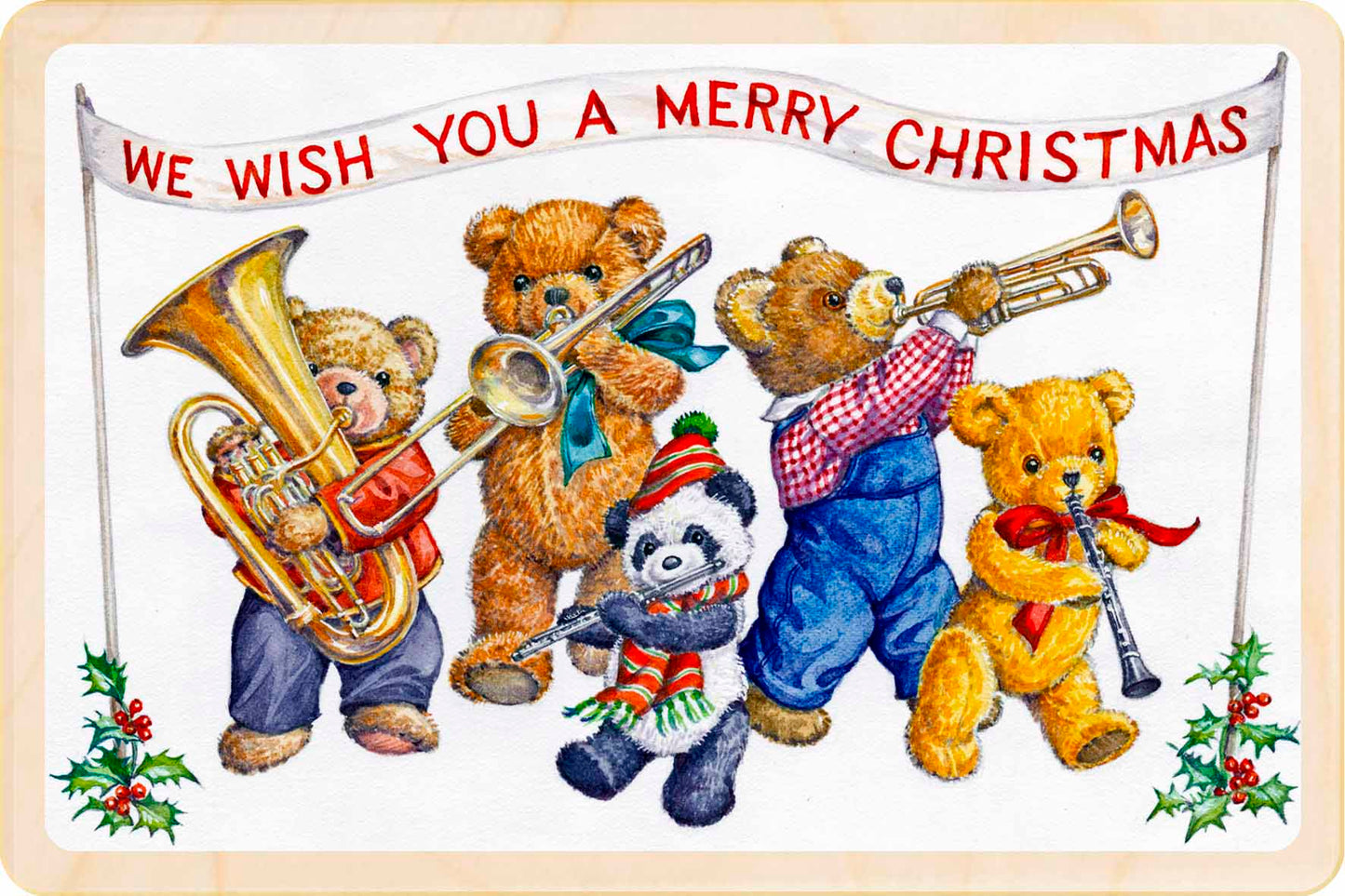 Teddy bears playing instruments with a panda, wishing a Merry Christmas. We wish you a Merry Christmas – Christmas card - Wooden Postcard

Original vintage Christmas illustration printed on sustainable wood. A beautiful card to send, display, or tuck into a stocking.