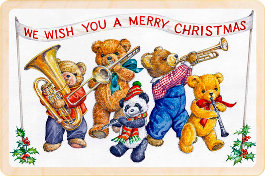 Teddy bears playing instruments with a panda, wishing a Merry Christmas. We wish you a Merry Christmas – Christmas card - Wooden Postcard

Original vintage Christmas illustration printed on sustainable wood. A beautiful card to send, display, or tuck into a stocking.