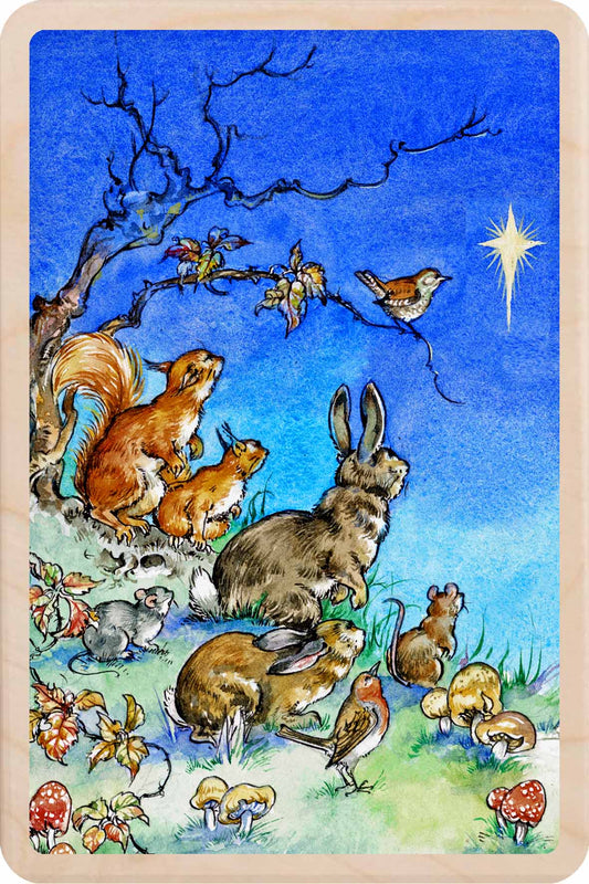 Animals gathered around a star in a night sky. Christmas Star – Christmas card - Wooden Postcard

Original vintage Christmas illustration printed on sustainable wood. A beautiful card to send, display, or tuck into a stocking.