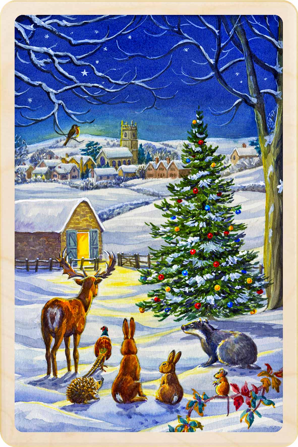 Winter scene with deer, rabbits, and a Christmas tree in a snowy village. Christmas Night – Christmas card - Wooden Postcard

Original vintage Christmas illustration printed on sustainable wood. A beautiful card to send, display, or tuck into a stocking.