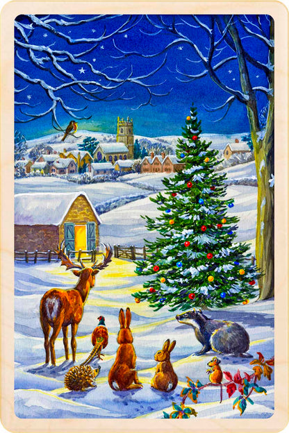Winter scene with deer, rabbits, and a Christmas tree in a snowy village. Christmas Night – Christmas card - Wooden Postcard

Original vintage Christmas illustration printed on sustainable wood. A beautiful card to send, display, or tuck into a stocking.