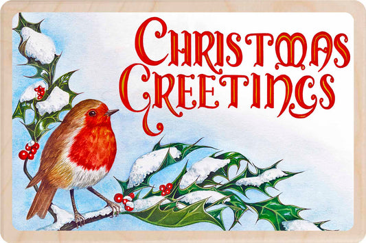 Christmas card with a robin and holly leaves, featuring the text 'Christmas Greetings'. Christmas Greetings – Christmas card - Wooden Postcard

Original vintage Christmas illustration printed on sustainable wood. A beautiful card to send, display, or tuck into a stocking.