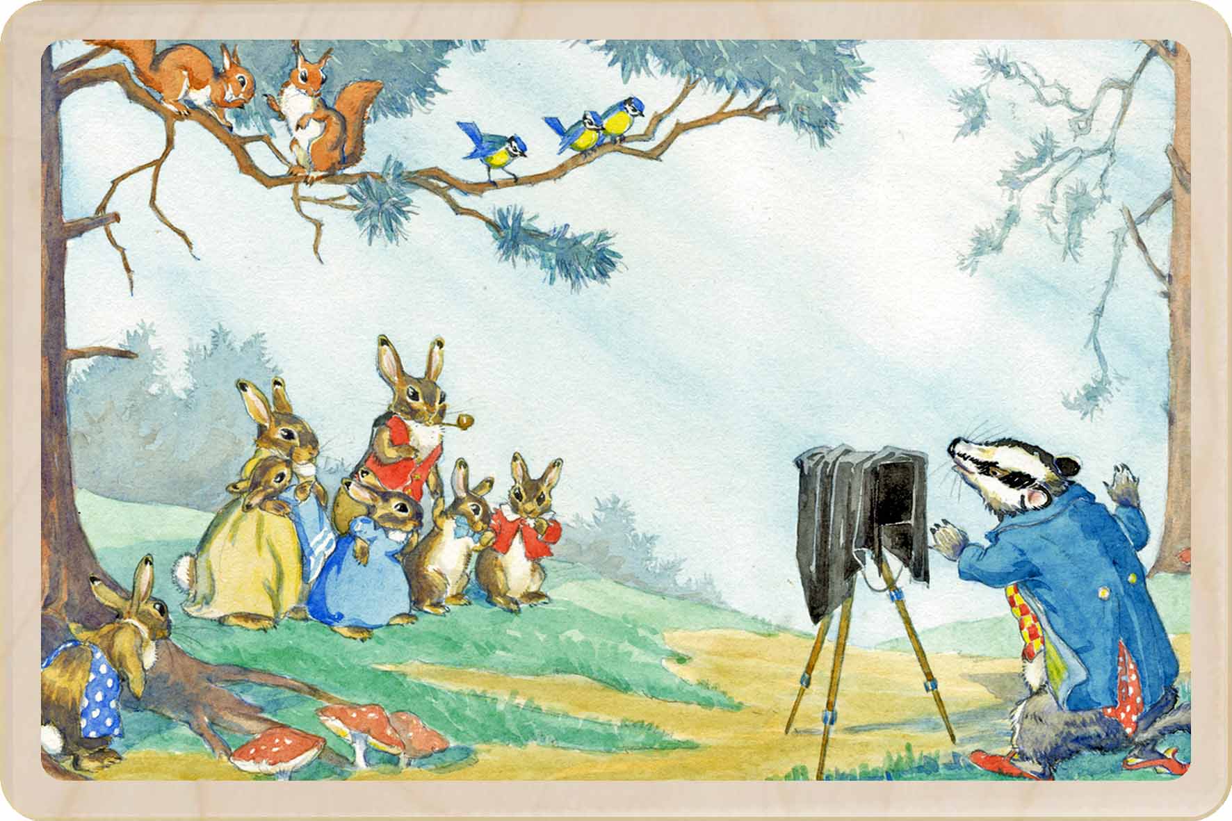 Bunny Family Photo - Molly Brett Card – Wooden Postcard

Original illustration by Molly Brett, printed on sustainable wood. A beautiful postcard for children big and small, to send, keep, and display.