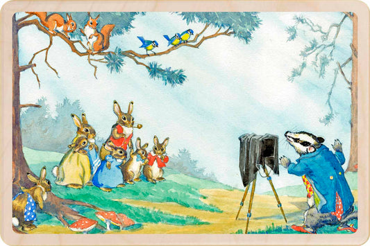 Bunny Family Photo - Molly Brett Card – Wooden Postcard

Original illustration by Molly Brett, printed on sustainable wood. A beautiful postcard for children big and small, to send, keep, and display.