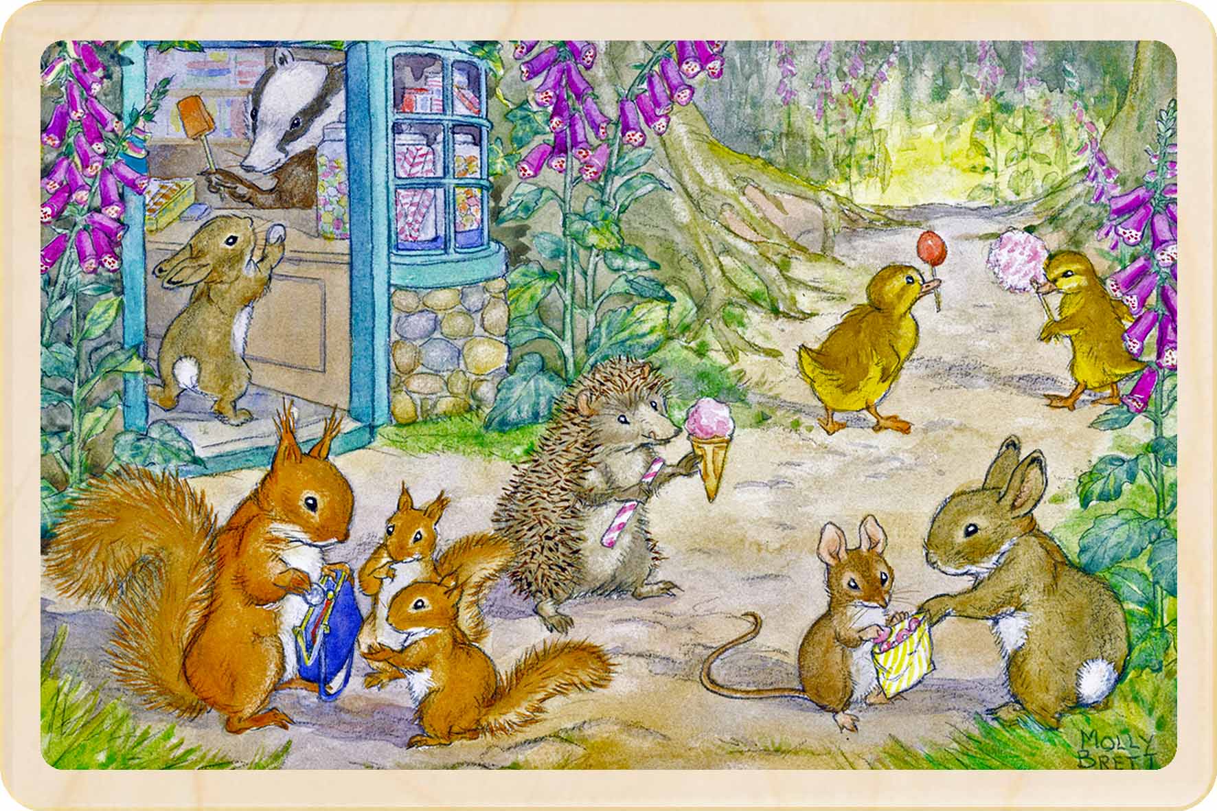 Illustrated scene with animals in a garden setting, featuring squirrels, hedgehogs, and ducks. Lollipop Shop - Molly Brett Card – Wooden Postcard

Original illustration by Molly Brett, printed on sustainable wood. A beautiful postcard for children big and small, to send, keep, and display.