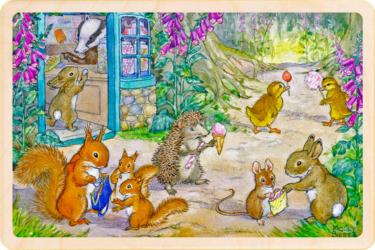 Illustrated scene with animals in a garden setting, featuring squirrels, hedgehogs, and ducks. Lollipop Shop - Molly Brett Card – Wooden Postcard

Original illustration by Molly Brett, printed on sustainable wood. A beautiful postcard for children big and small, to send, keep, and display.