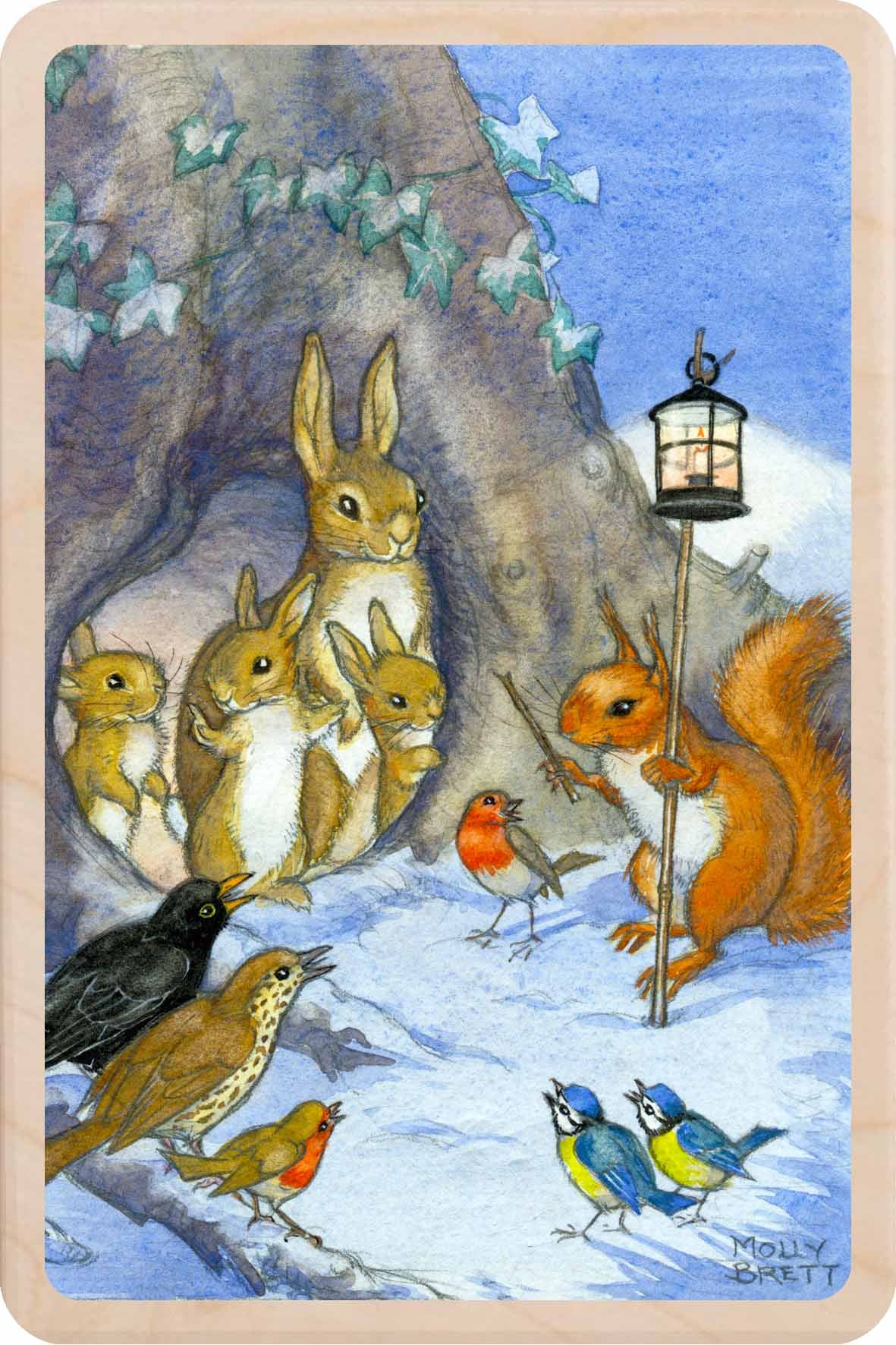 Illustration of squirrels, birds, and a rabbit in a snowy scene with a lantern. Carolling Robin – Christmas card - Wooden Postcard

Original vintage Christmas illustration printed on sustainable wood.&nbsp;A beautiful card to send, display, or tuck into a stocking.