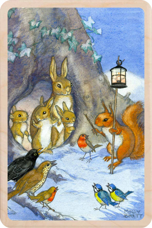 Illustration of squirrels, birds, and a rabbit in a snowy scene with a lantern. Carolling Robin – Christmas card - Wooden Postcard

Original vintage Christmas illustration printed on sustainable wood.&nbsp;A beautiful card to send, display, or tuck into a stocking.