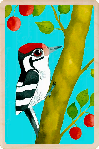 Lesser Spotted Woodpecker wooden postcard by Matt Sewell