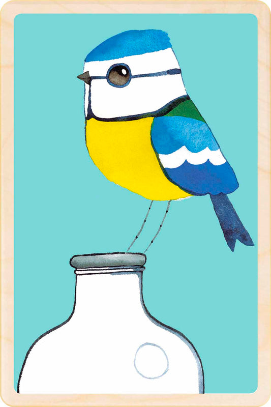 blue tit - bird Illustration wooden postcard by Matt Sewell