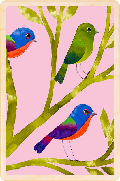Painted Buntings. Eco-friendly wooden postcard to send, gift or keep and display. Original illustration by Matt Sewell. The Wooden Postcard Company
