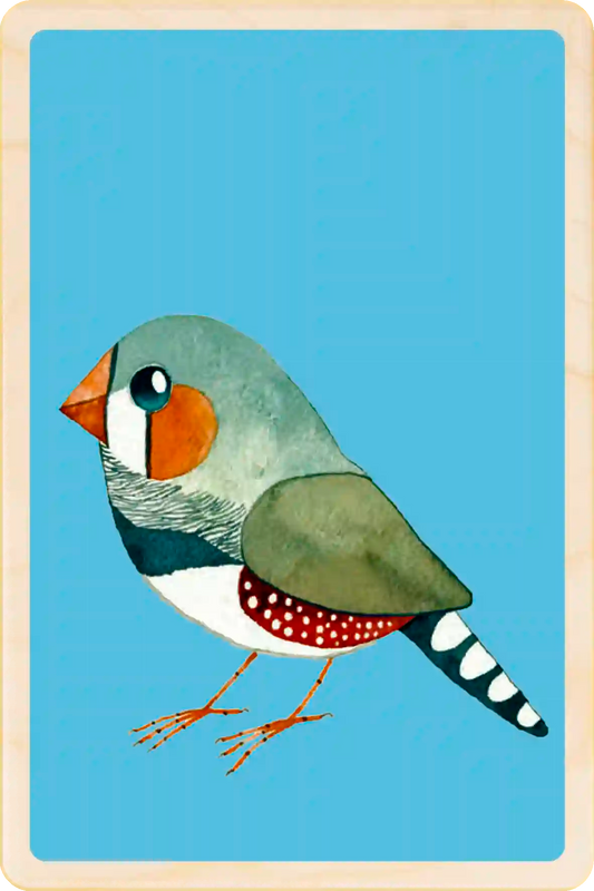 Zebra Finch. Eco-friendly wooden postcard to send, gift or keep and display. The Wooden Postcard Company