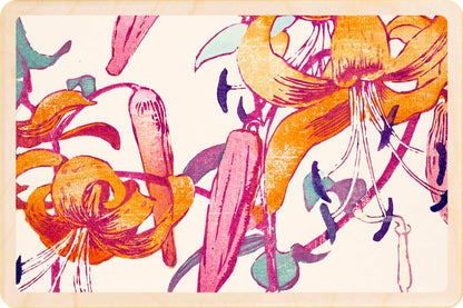 Tiger Lillies by Mabel Royds. Fine Art from the National Galleries of Scotland, printed on sustainable wood. The Wooden Postcard Company