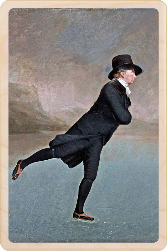 Skating Minister, Reverend Robert Walker skating on Duddingston Loch, by Sir Henry Raeburn. Fine Art from the National Galleries of Scotland, printed on sustainable wood.