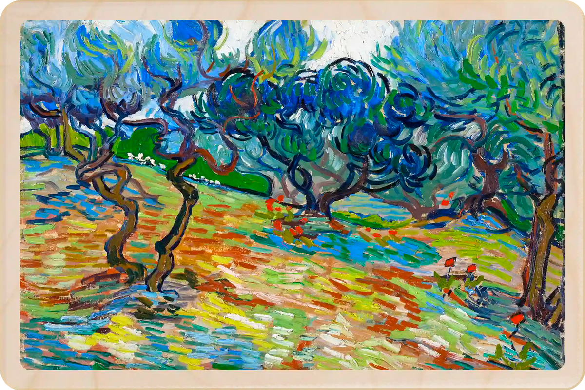 Vincent van Gogh, Olive Trees. Fine Art from the National Galleries of Scotland, printed on sustainable wood. A lasting keepsake to post, gift, and display. The Wooden Postcard Company