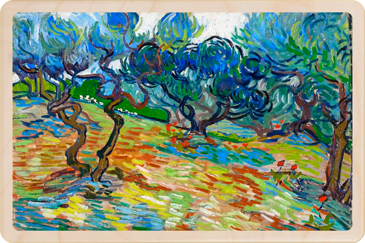 Vincent van Gogh, Olive Trees. Fine Art from the National Galleries of Scotland, printed on sustainable wood. A lasting keepsake to post, gift, and display. The Wooden Postcard Company