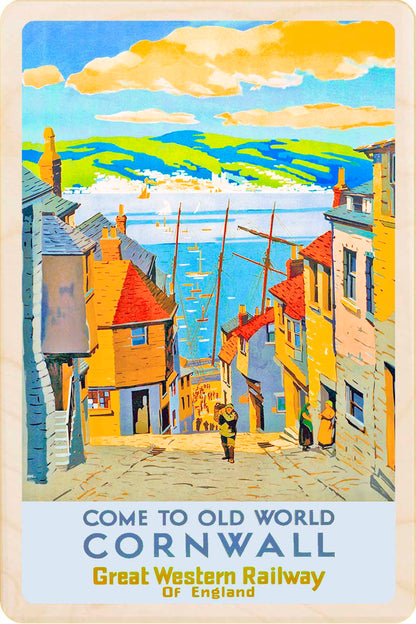 St Ives in Cornwall - Wooden Postcard featuring an original vintage travel poster