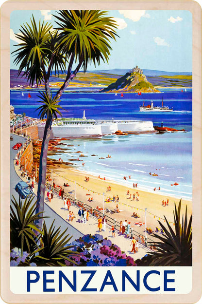 Penzance, Cornwall - Wooden Postcard featuring an original vintage travel poster