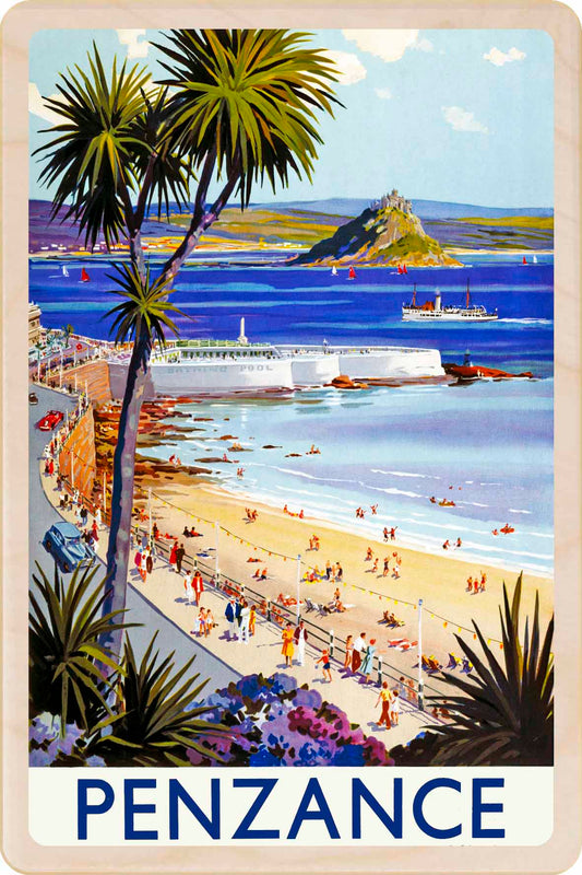 Penzance, Cornwall - Wooden Postcard featuring an original vintage travel poster