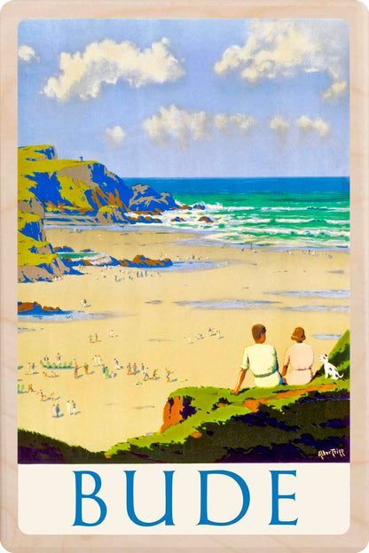 Bude, Cornwall - Wooden Postcard featuring an original vintage travel poster