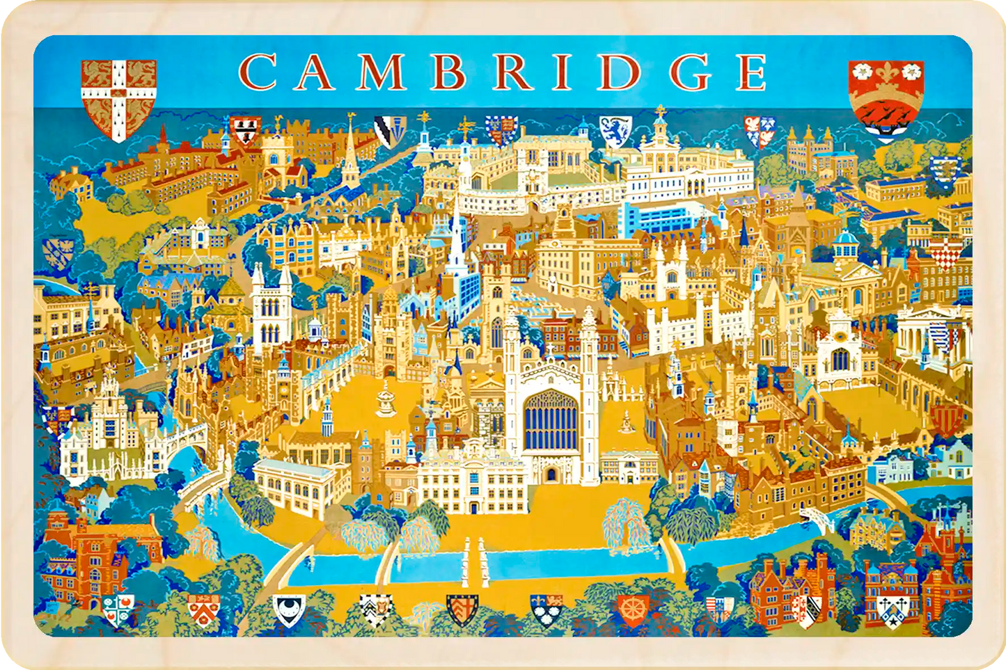 Cambridge Colleges Card, Wooden Postcard featuring an original vintage travel poster from ©National Railway Museum / SCMG. The Wooden Postcard Company