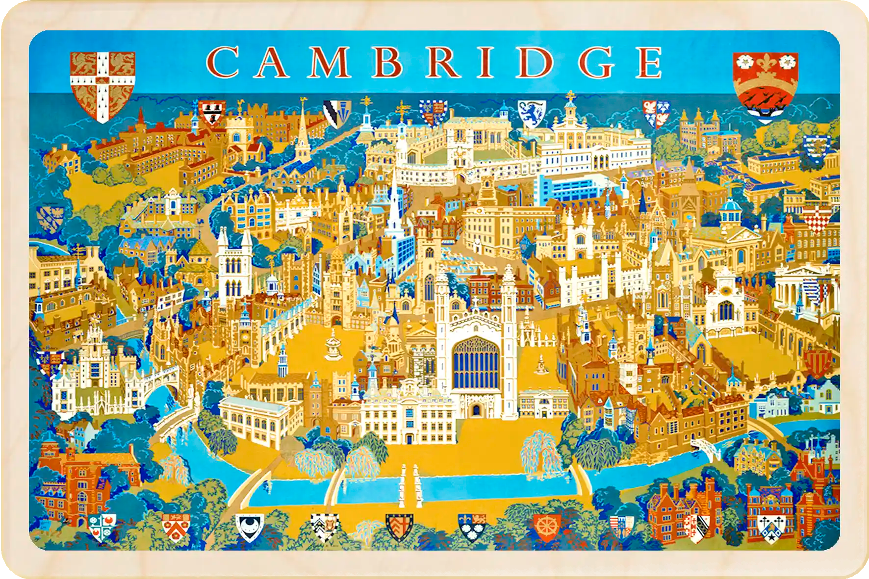 Cambridge Colleges Card, Wooden Postcard featuring an original vintage travel poster from ©National Railway Museum / SCMG. The Wooden Postcard Company