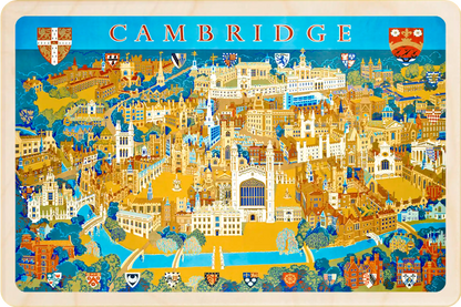 Cambridge Colleges Card, Wooden Postcard featuring an original vintage travel poster from ©National Railway Museum / SCMG. The Wooden Postcard Company