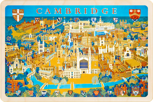 Cambridge Colleges Card, Wooden Postcard featuring an original vintage travel poster from ©National Railway Museum / SCMG. The Wooden Postcard Company