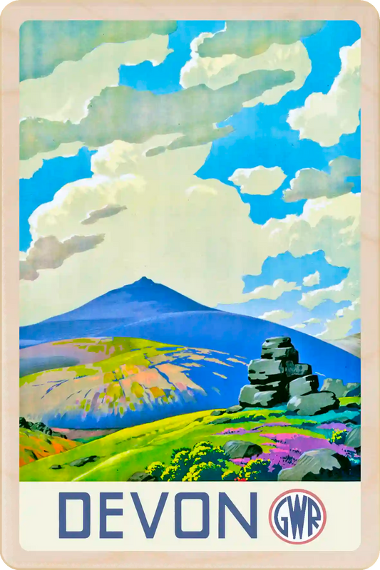 Devon - Wooden Postcard featuring an original vintage travel poster from ©National Railway Museum / SCMG. Printed in high-quality colour on sustainably sourced wood. Ideal as a unique gift, keepsake, or souvenir.