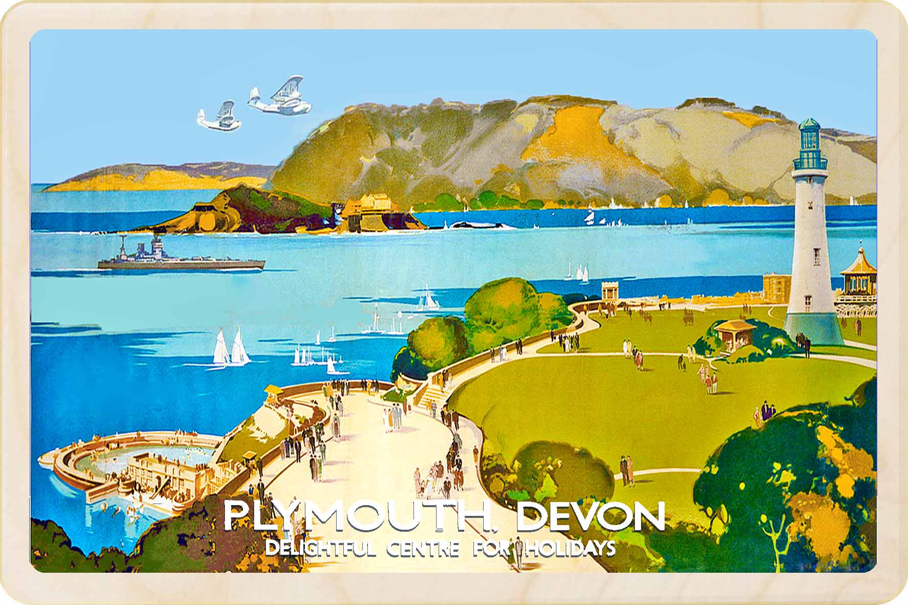 Plymouth - Wooden Postcard featuring an original vintage travel poster from ©National Railway Museum
