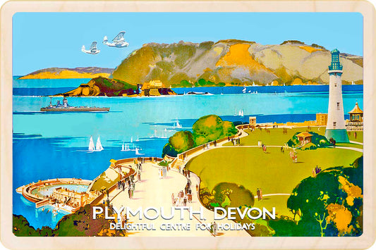 Plymouth - Wooden Postcard featuring an original vintage travel poster from ©National Railway Museum