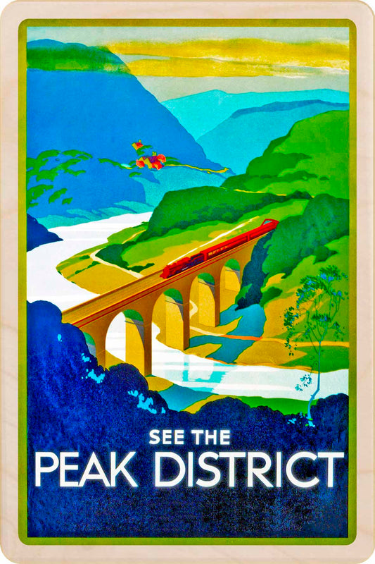 The Peak District - Wooden Postcard featuring an original vintage travel poster from ©National Railway Museum / SCMG. Printed in high-quality colour on sustainably sourced wood. Ideal as a unique gift, keepsake, or souvenir. Vintage-style poster of the Peak District with a train on a viaduct.