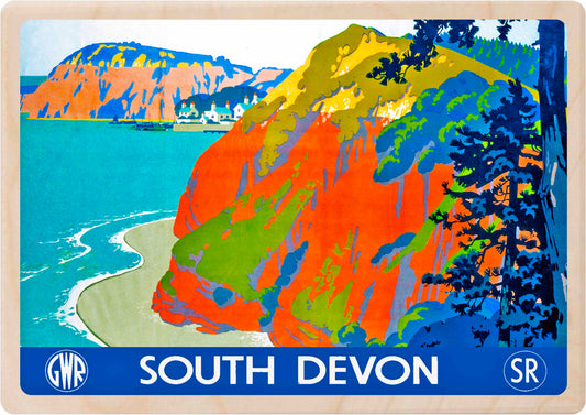 South Devon - Wooden Postcard featuring an original vintage travel poster