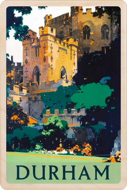 Durham Castle - Wooden Postcard featuring an original vintage travel poster from ©National Railway Museum. The Wooden Postcard Company