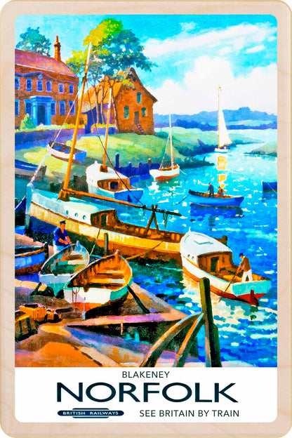 Blakeney, Norfolk - Wooden postcard featuring a vintage National Railway Museum travel art poster design. Fully mailable, eco-friendly souvenir.