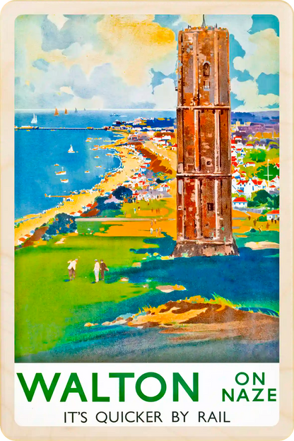 Walton on the Naze, Essex - Wooden Postcard featuring an original vintage travel poster from ©National Railway Museum / SCMG. Printed in high-quality colour on sustainably sourced wood. Ideal as a unique gift, keepsake, or souvenir.