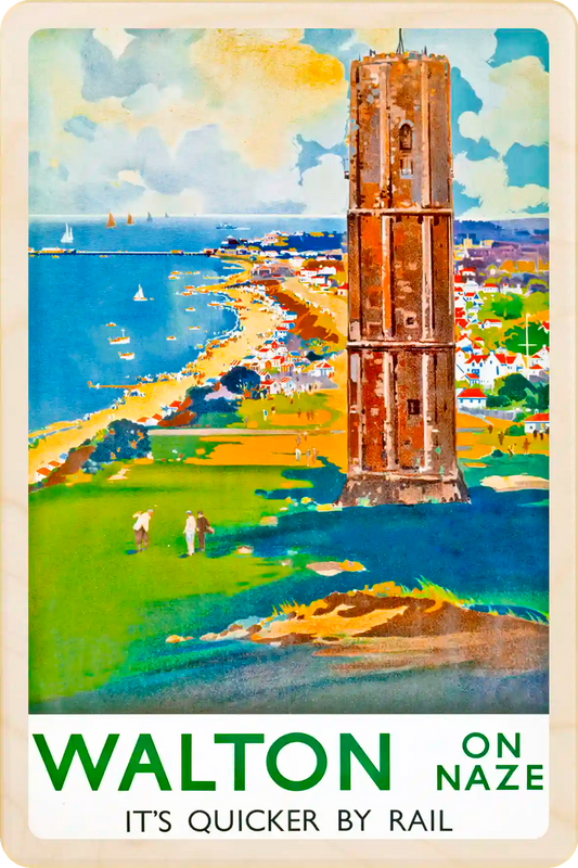 Walton on the Naze, Essex - Wooden Postcard featuring an original vintage travel poster from ©National Railway Museum / SCMG. Printed in high-quality colour on sustainably sourced wood. Ideal as a unique gift, keepsake, or souvenir.