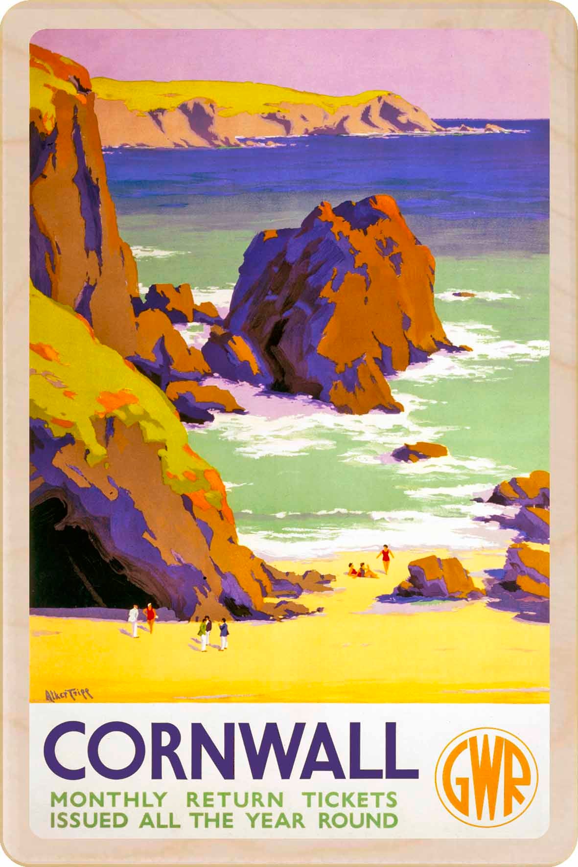 Cornwall - Wooden Postcard featuring an original vintage travel poster
