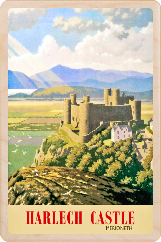 Harlech, Wales - Wooden Postcard featuring an original vintage travel poster from ©National Railway Museum