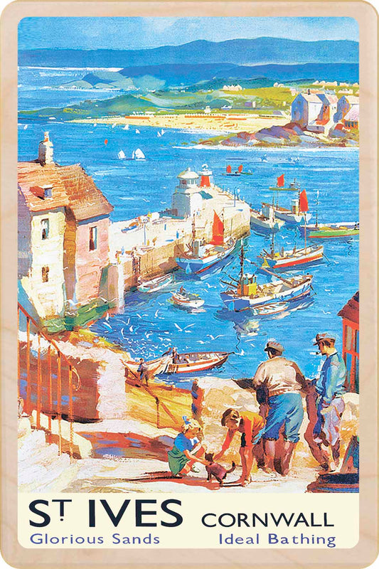 St Ives in Cornwall - Wooden Postcard featuring an original vintage travel poster